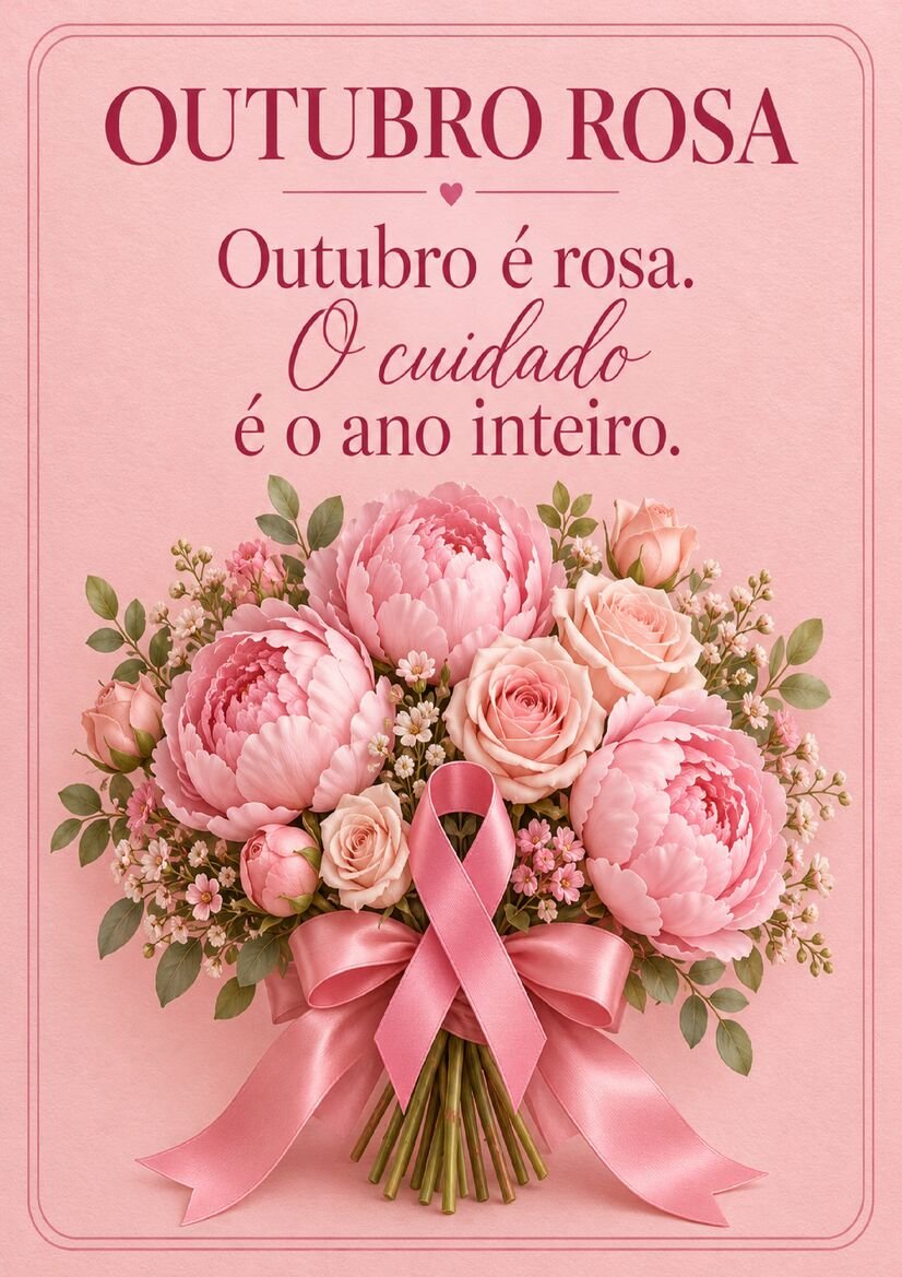 Imagem Outubro Rosa com buquê de rosas e peônias em tons de rosa, laço de fita e frase sobre cuidado durante todo o ano